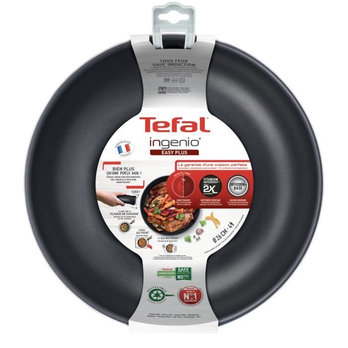 Tefal L1507702 Ingenio Easy Plus Wok 26 cm, Handgreep niet inbegrepen, antiaanbaklaag, gemaakt in Frankrijk, alle warmtebronnen behalve inductie