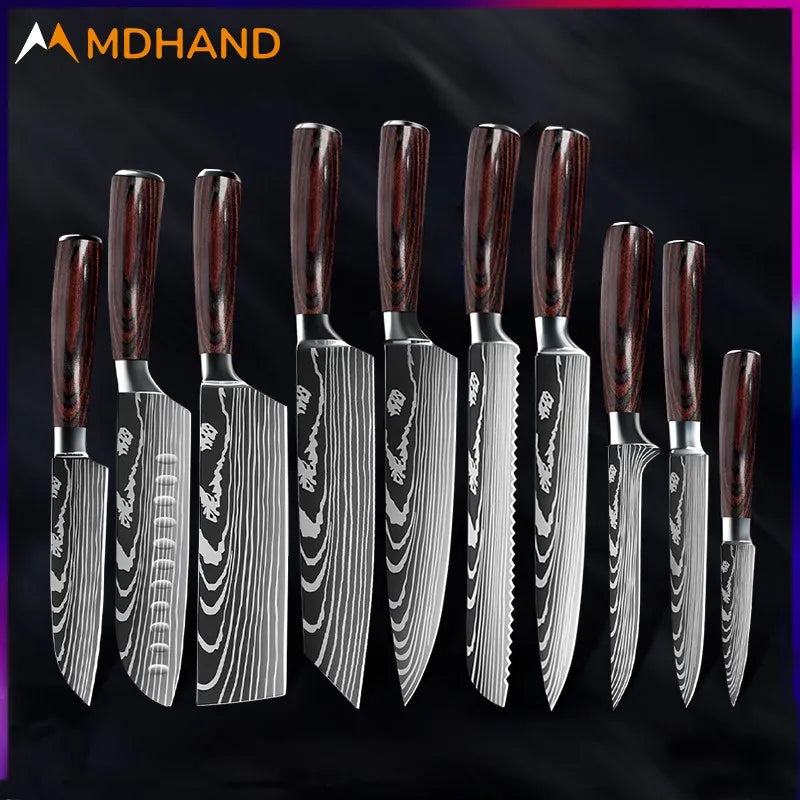 Keukenmes Set, Damascus Patroon, Japanse Santoku Mes