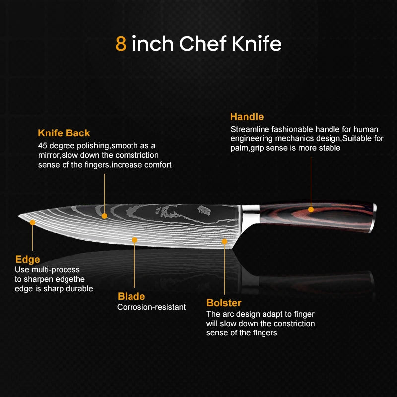 Kitchen Knife Set, Damascus Pattern, Japanese Santoku Knife