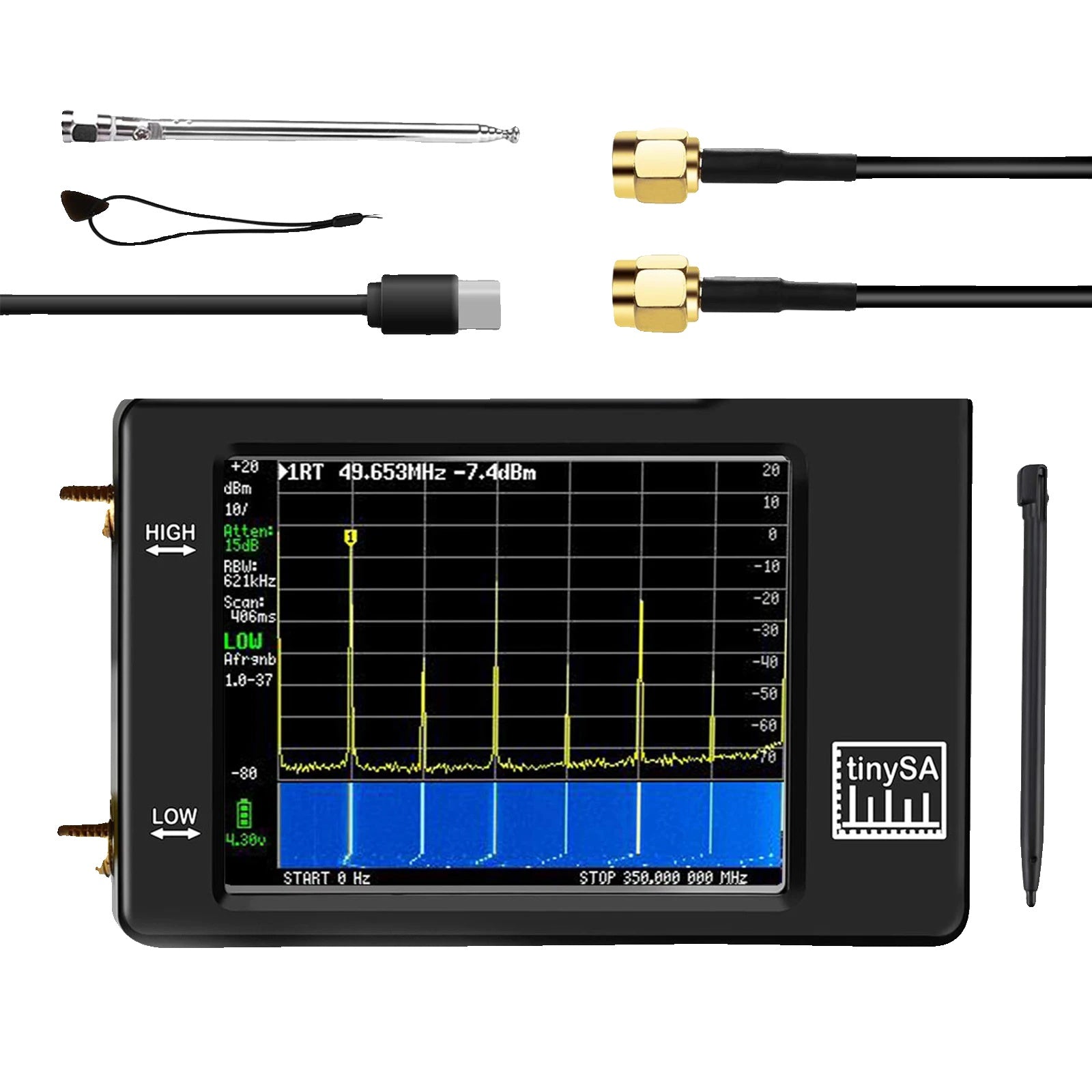"Portabel spektrumanalysator, kompakt design, bred frekvensomfång"