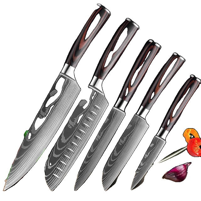 Set de cuțite de bucătărie, model laser damasc, cuțit japonez Santoku