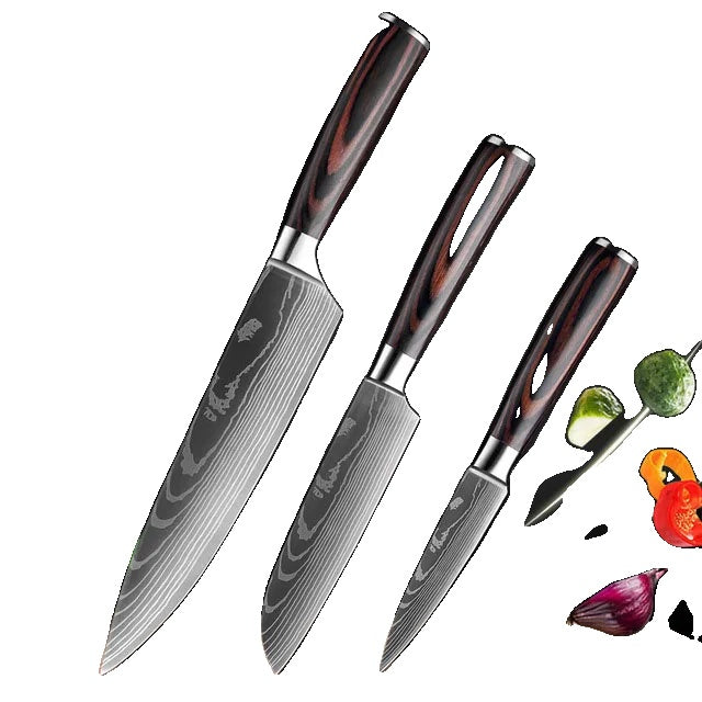 Keukenmes Set, Laser Damascus Patroon, Japanse Santoku Mes