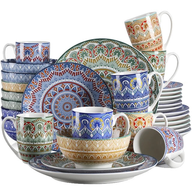 Porseleinen Servies Set, Boheems Mandala Patroon, Turkooise Kleur