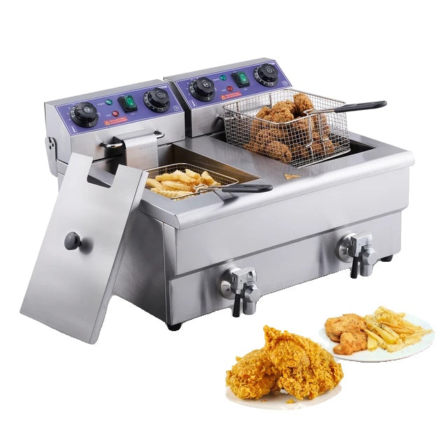 Commercial Electric Deep Fryer, Dual Tanks, Stainless Steel Countertop