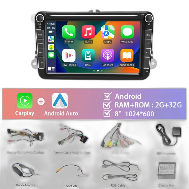 Bilradio, 8' Touchscreen, Carplay Kompatibel