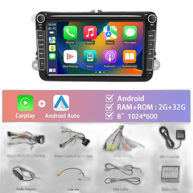 Car Radio, 8' Touchscreen, Carplay Compatible