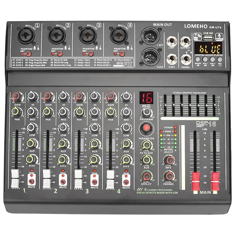 DJ-mixer, 4 kanaler, 16 DSP, 48V fantomforsyning