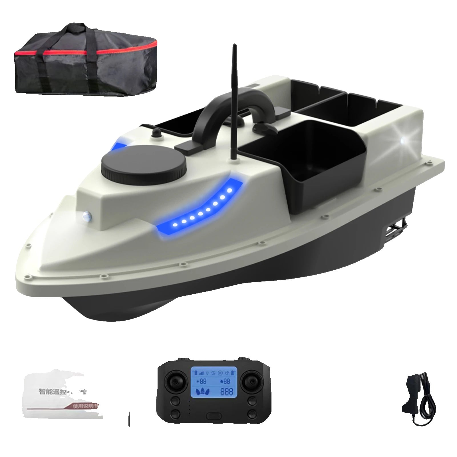Barcă de pescuit cu GPS RC, telecomandă wireless, 4 containere pentru momeli.