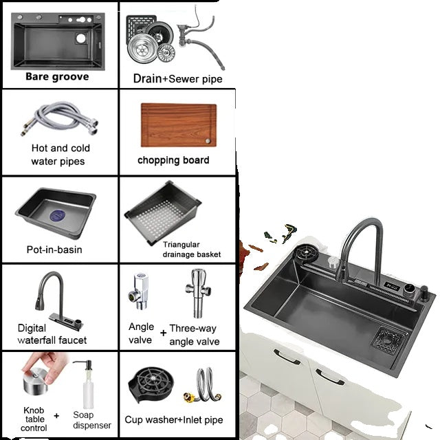 Chiuvetă de bucătărie din oțel inoxidabil, design cu cascada, cu un singur slot mare.