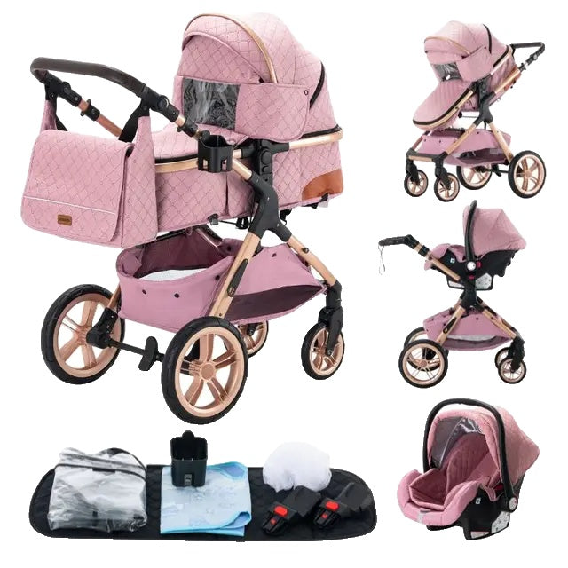 Lyxig barnvagn, Praktiskt hopfällbart design, Säkerhetsgodkänd sätesplats enligt EU-föreskrifter.