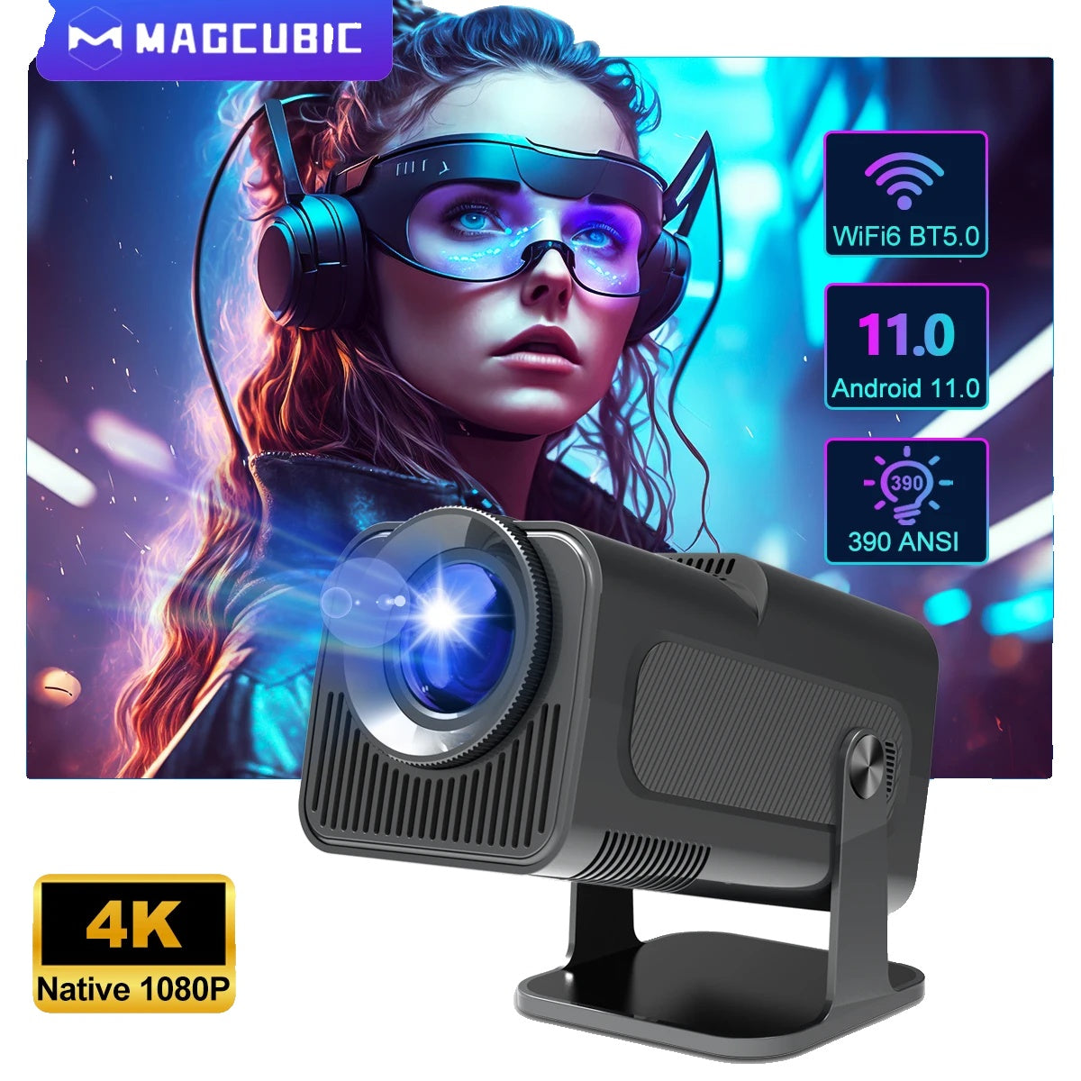 Android 11 Projector, 4K Resolution, WiFi6 Connectivity