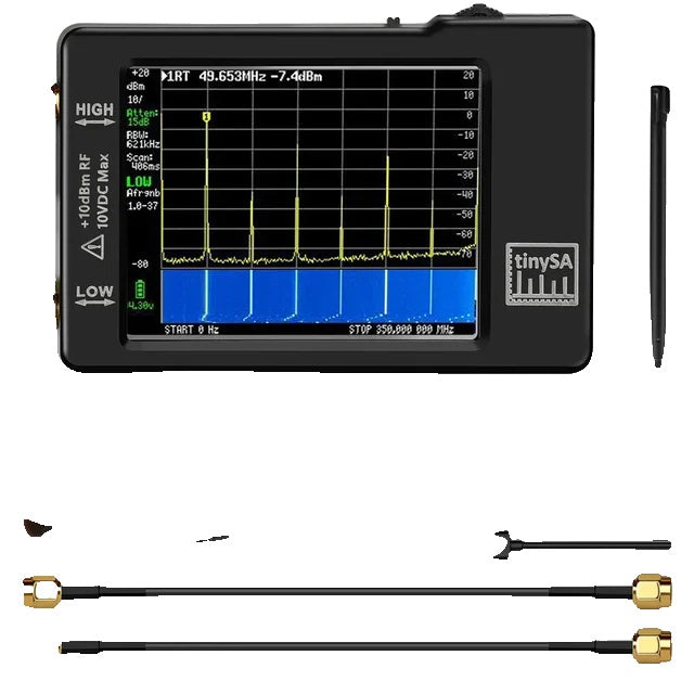 Kädessä pidettävä spektrianalysaattori, 28 näyttöä, 100 kHz:n kattavuus 53 GHz asti.