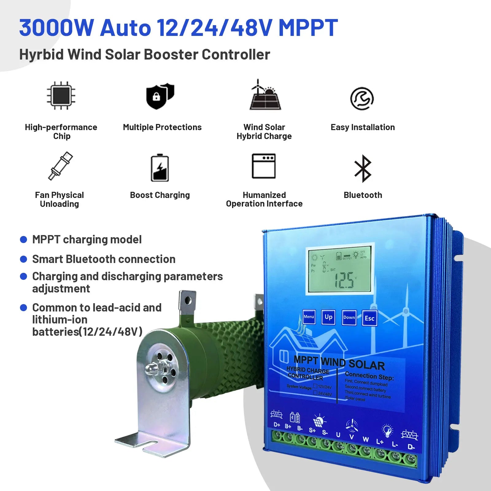 Hybrid Wind Solar Charge Controller, MPPT Technology, Bluetooth Connectivity