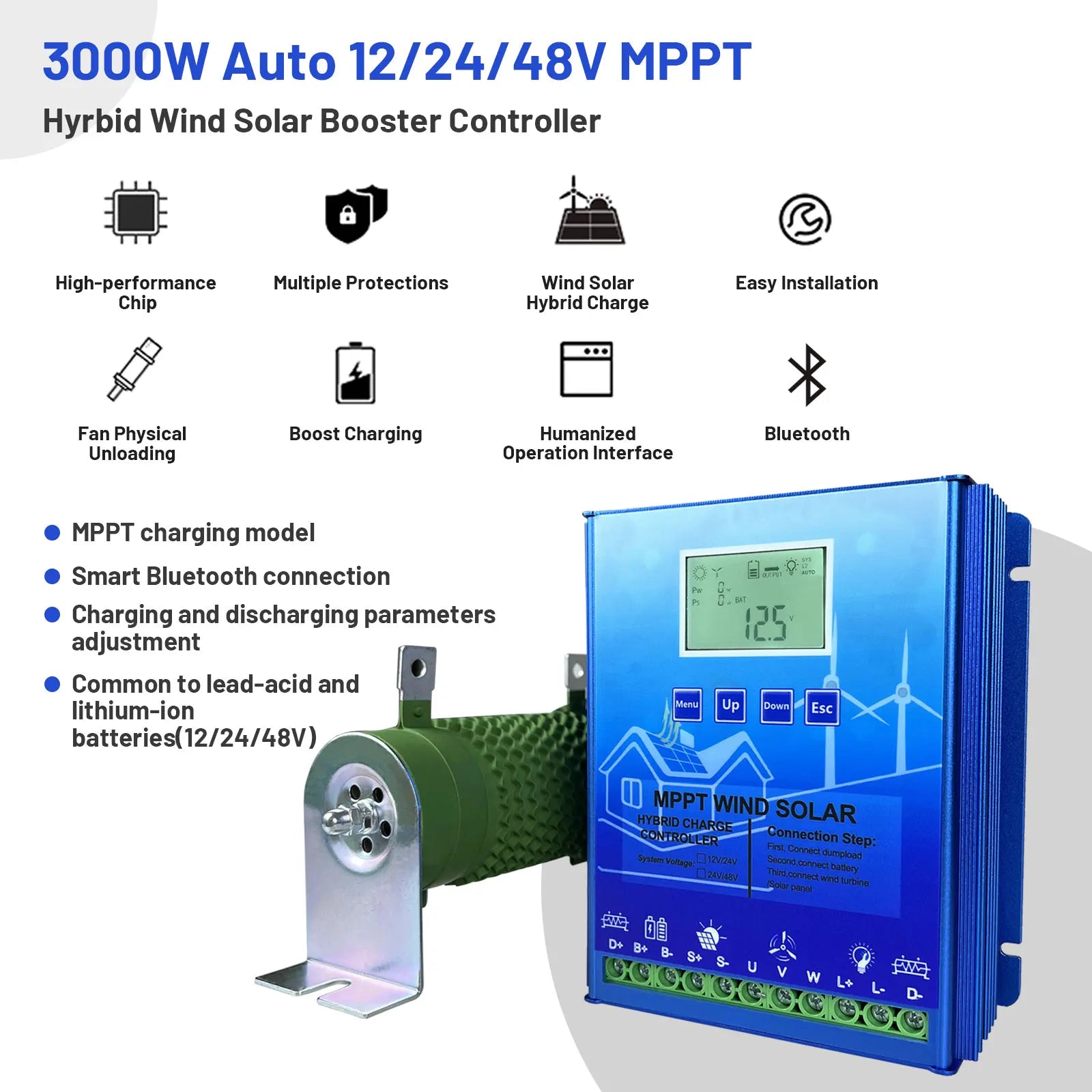 Hybrid Vind Sol Laddningskontroll, MPPT Teknologi, Bluetooth Anslutning