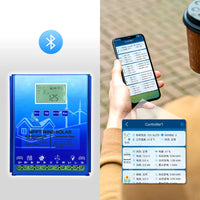Controler de încărcare hibrid pentru energie eoliană și solară, tehnologie MPPT, conectivitate Bluetooth.