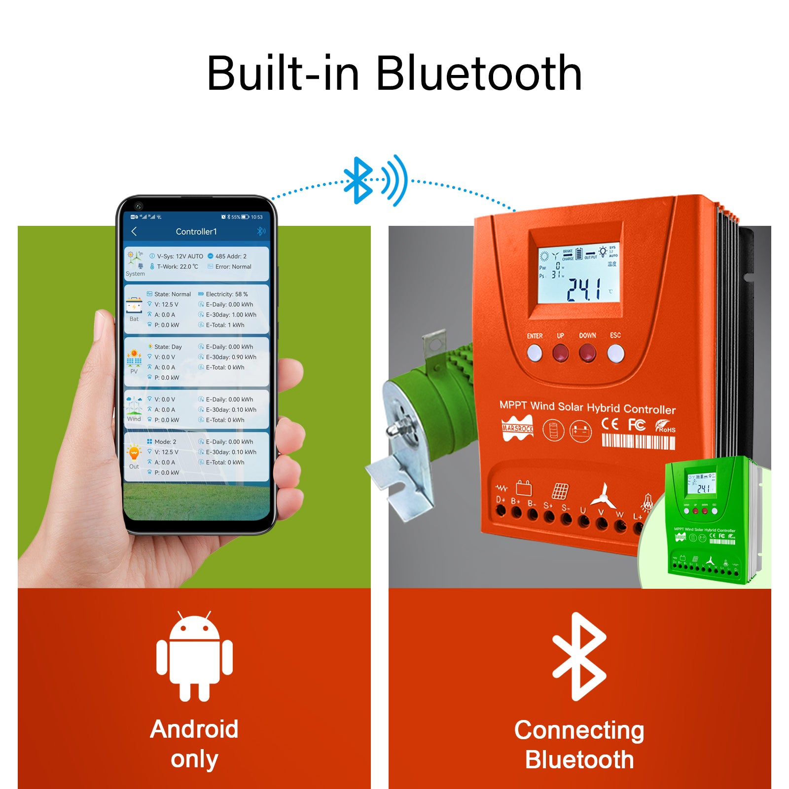 Tuulivoima Aurinko Lataussäädin, Sisäänrakennettu WiFi MPPT, 12V/24V/48V