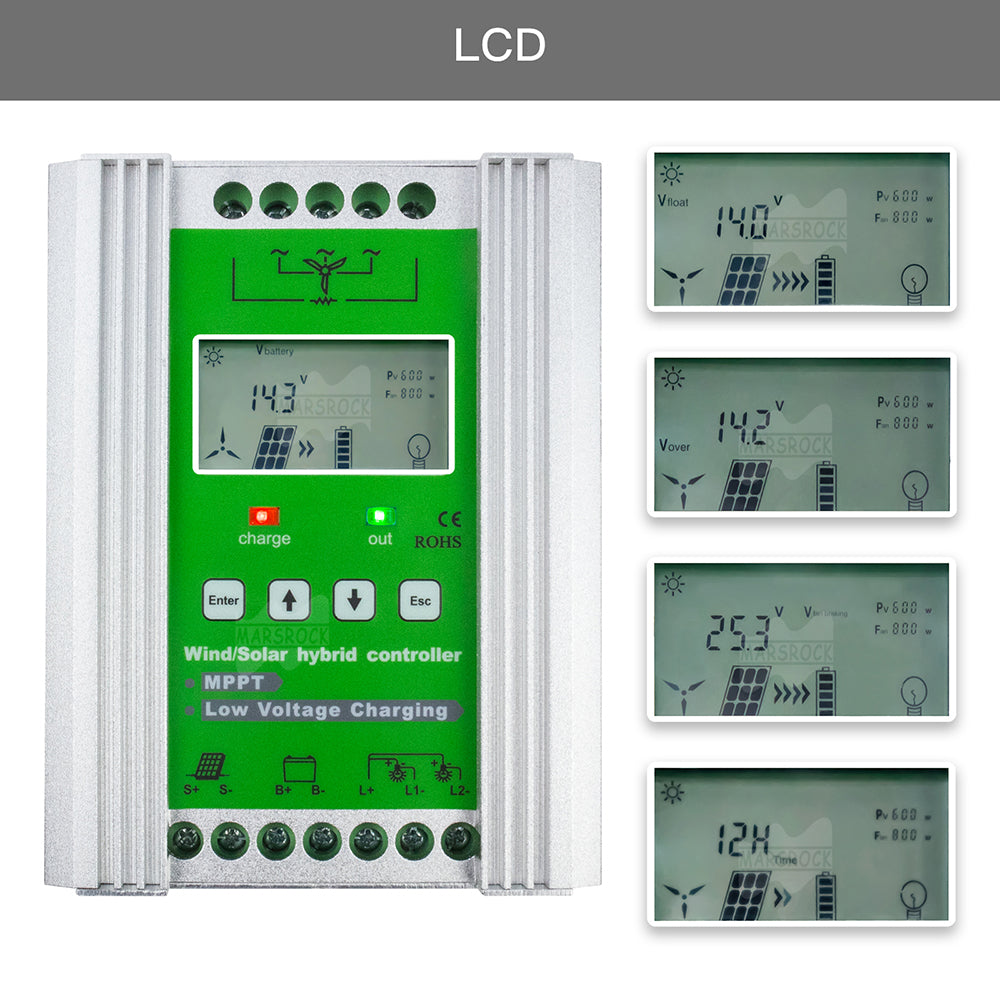 MPPT Vind Sol Hybrid Kontroller, 1400W Effektkapacitet, Kompatibilitet med 12V/24V