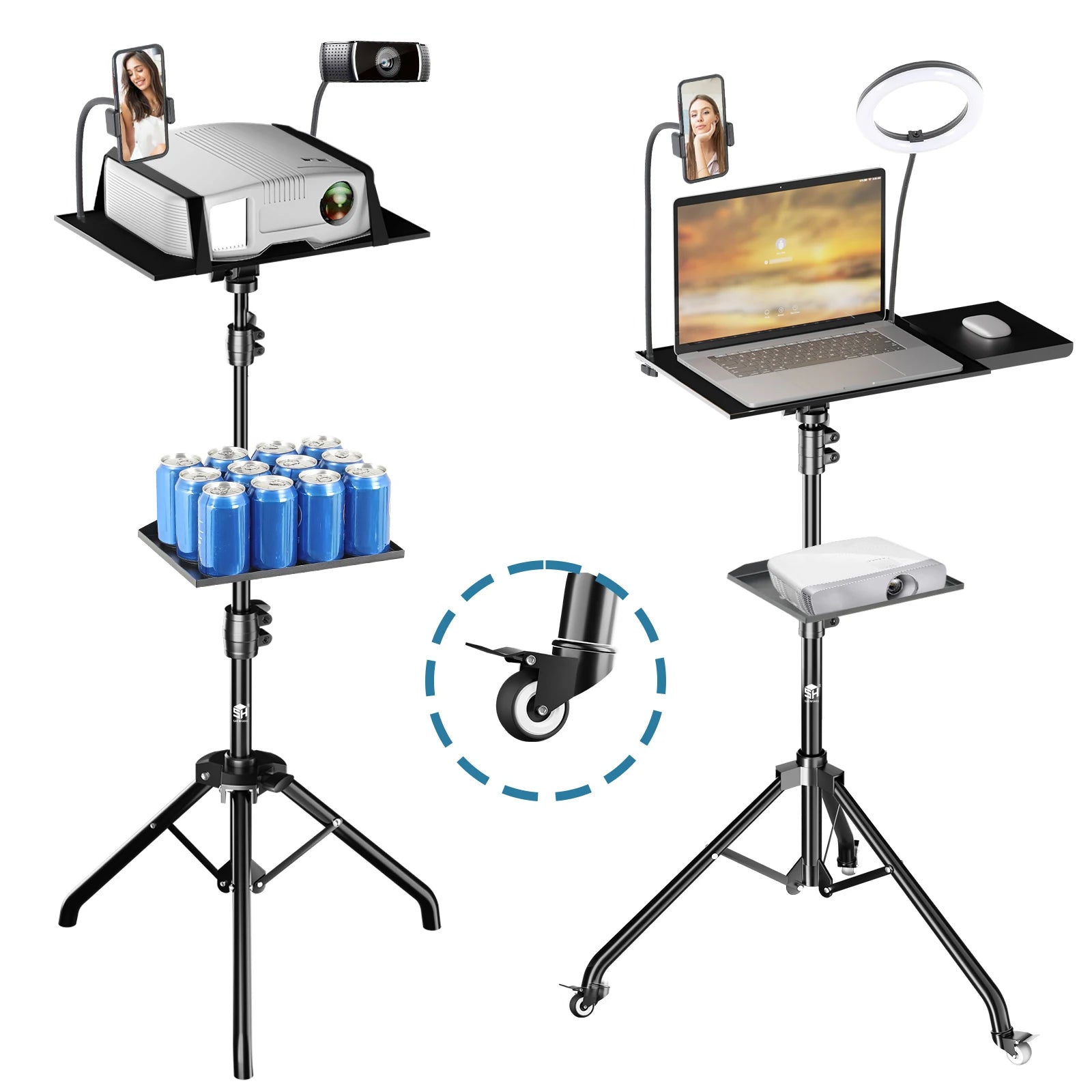 Projector Tripod Stand, Adjustable Height, Portable with Wheels