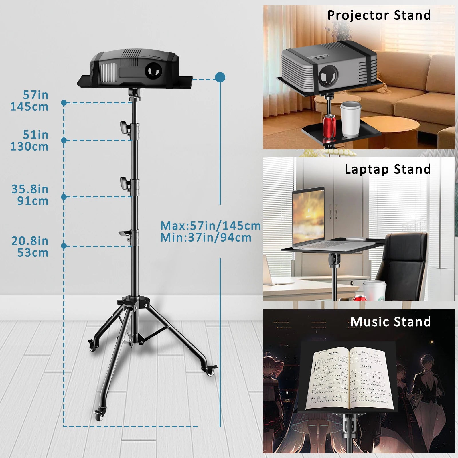 Projector Tripod Stand, Adjustable Height, Portable with Wheels