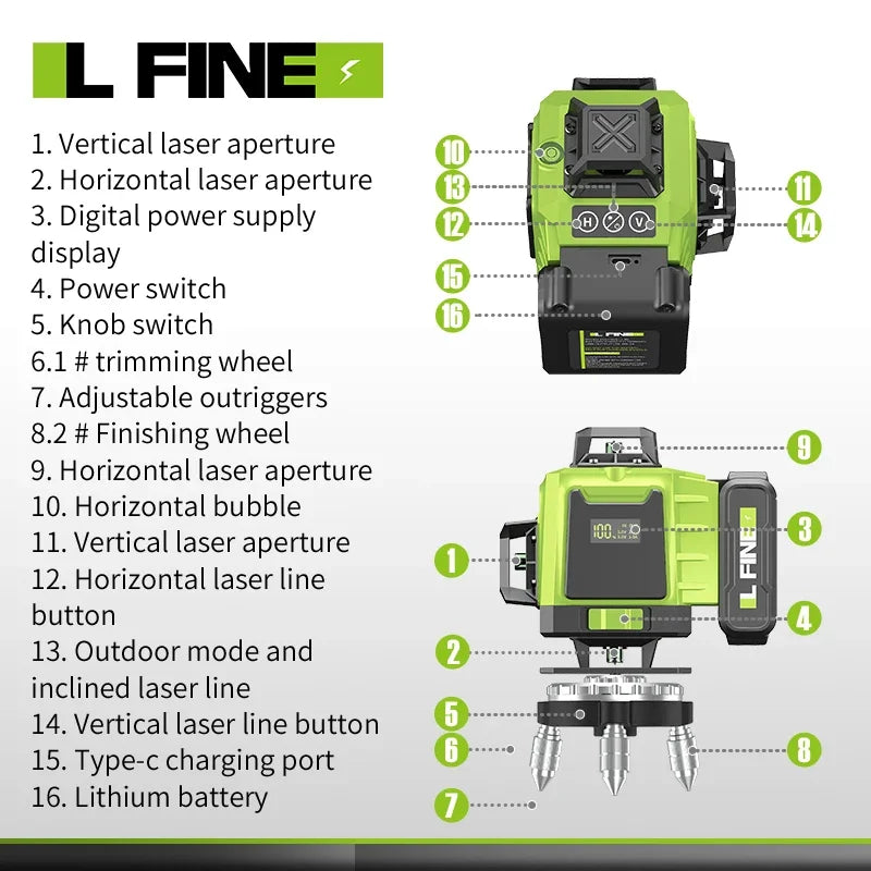 Laser nivå, 16 linjer 4D, 360° självnivellerande