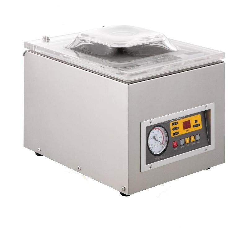 Lebensmittel-Vakuumverpackungsmaschine – 120-W-Vakuumpumpe, multifunktionales Bedienfeld, Klarglasdeckel und Not-Aus-Taste