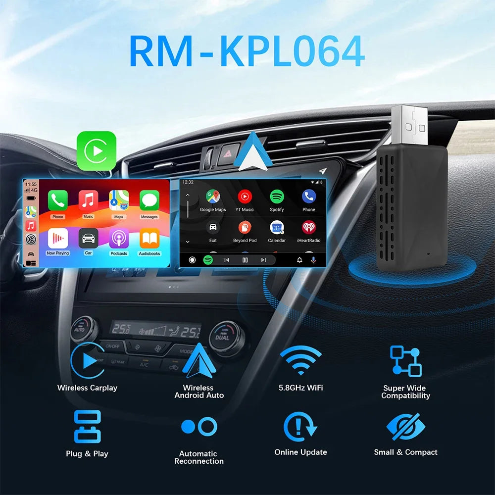 Apple Car Play -langaton sovitin, 2 in 1, Android Auto -tikku