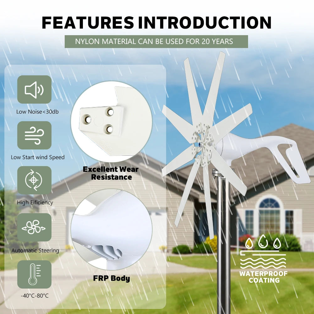 2000W Wind Turbine, Complimentary Charging Controller, Suitable for Yachts and Farms