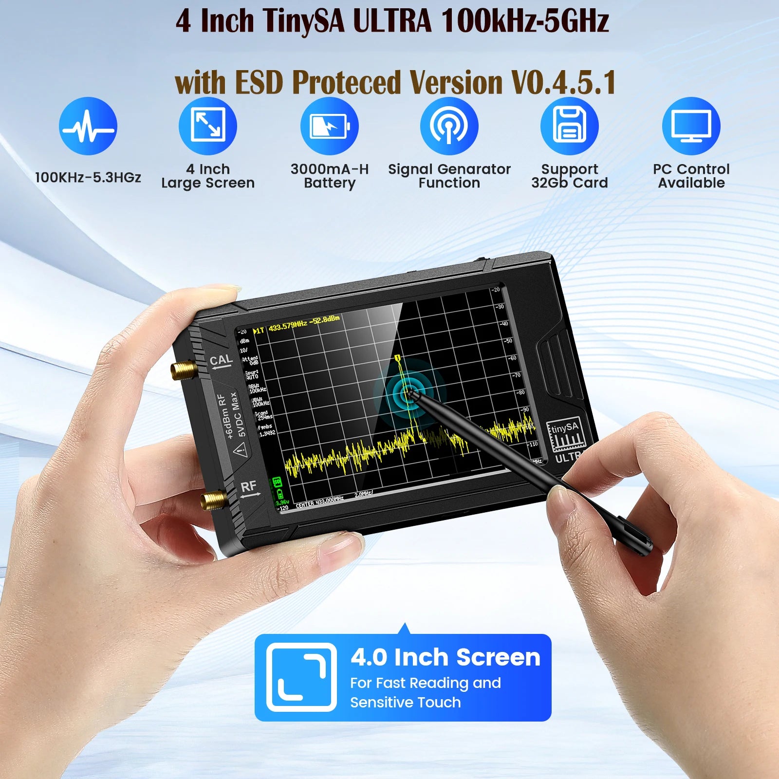 Handheld-Spektrumanalysator, tragbar, Abdeckung von 100 kHz bis 53 GHz, 32GB-Karte inklusive.