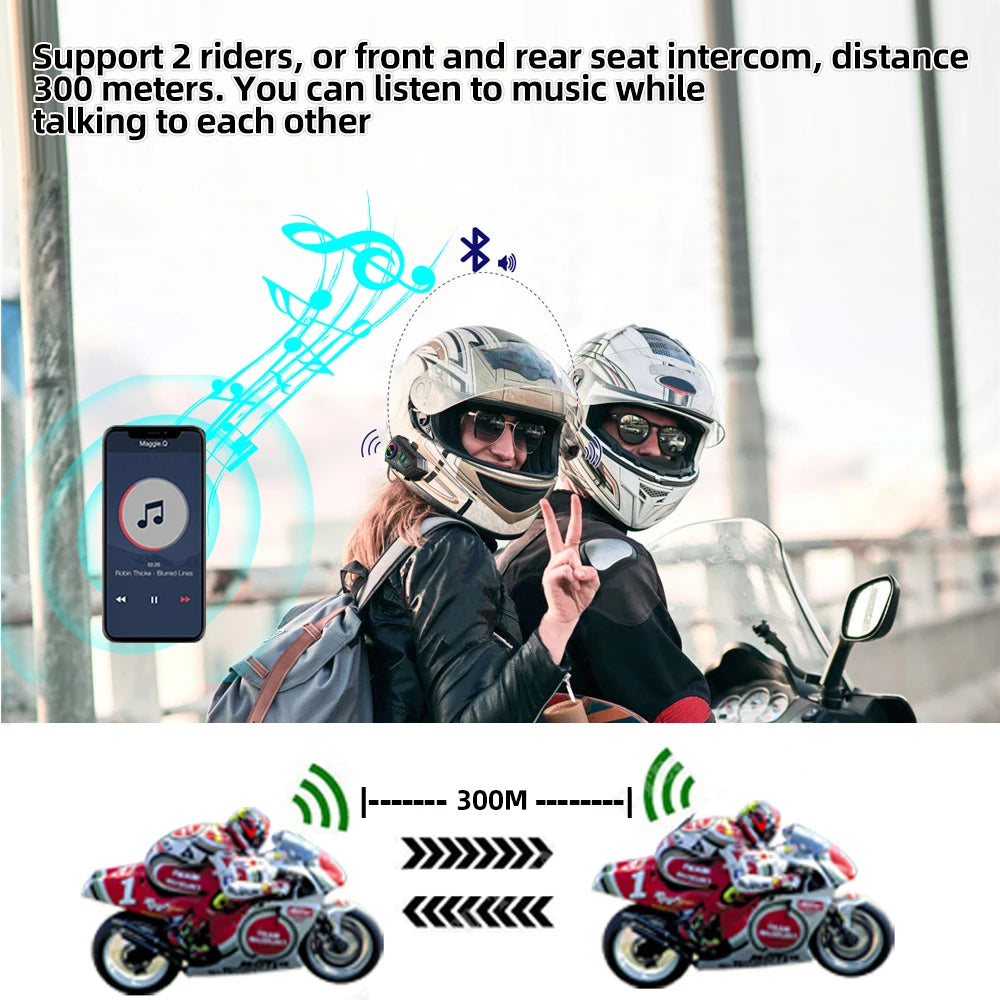 Bluetooth Motorcycle Helmet Intercom, 300M Wireless Range, 2000Mah Battery