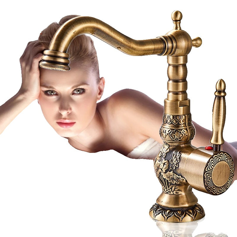 Bathroom Basin Faucet, Antique Brass, 360 Rotation