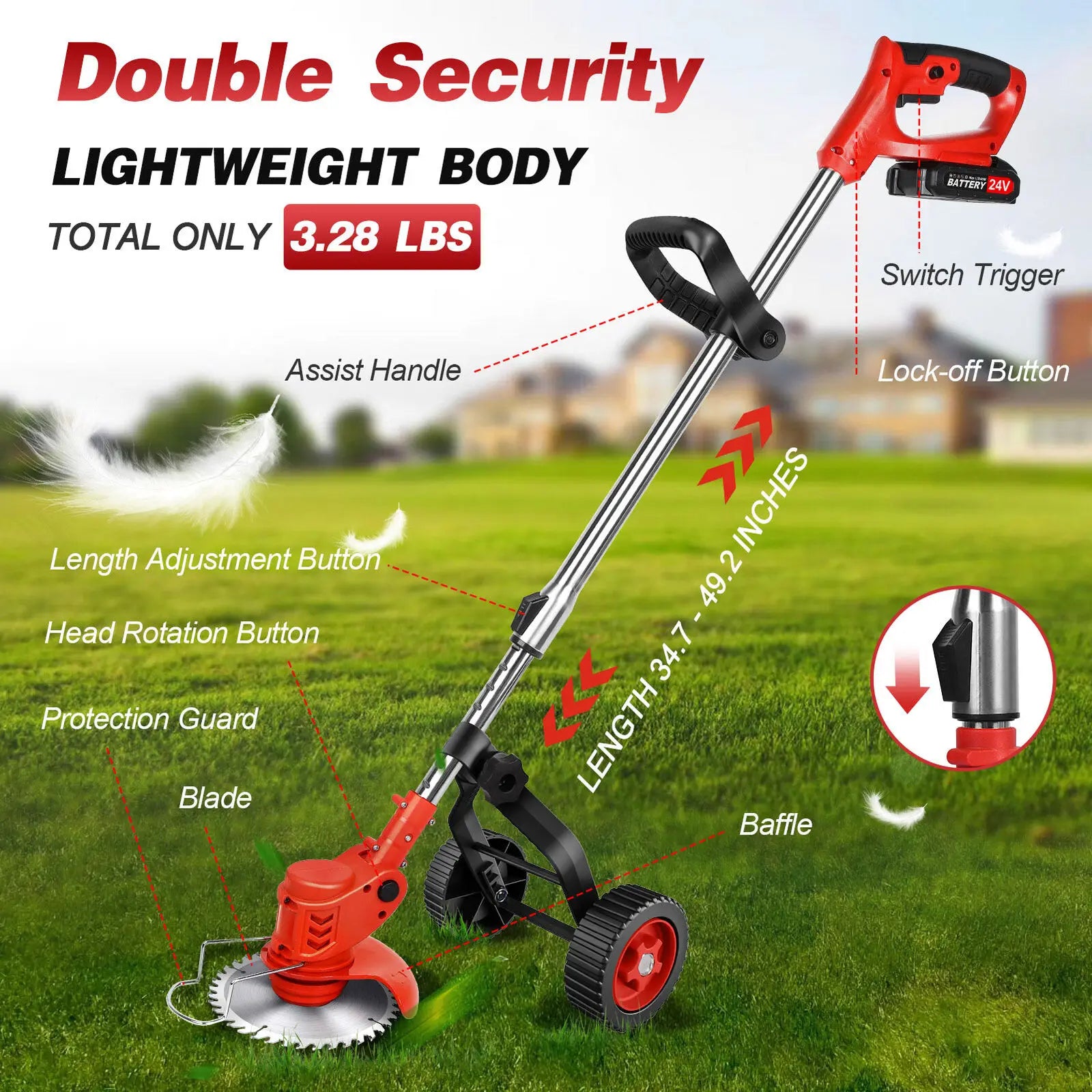 Cordless Grass String Trimmer, 24V, Adjustable, Foldable