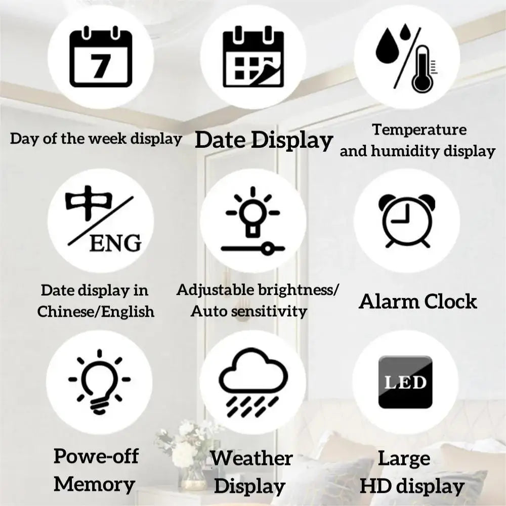 Digital Wall Clock, Multi-function Display, Automatic Brightness Adjustment