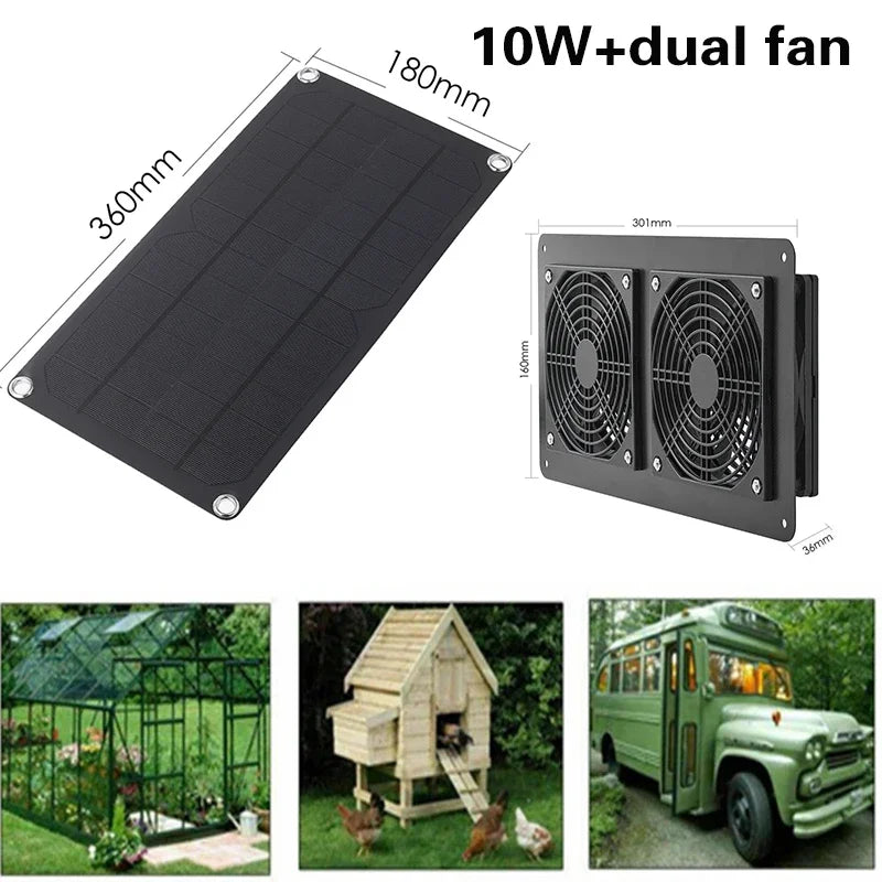 Ventilator solar de evacuare, putere de 30W, cu două ventilatoare de răcire.