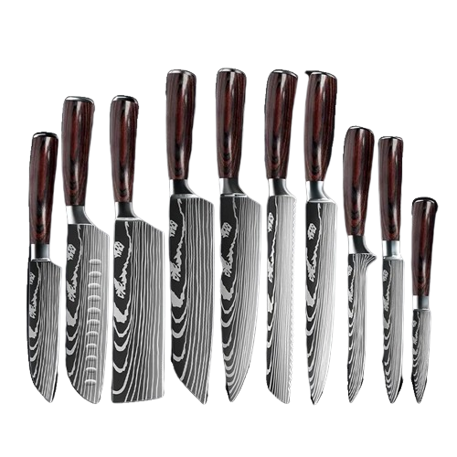 Keukenmes Set, Damascus Patroon, Japanse Santoku Mes