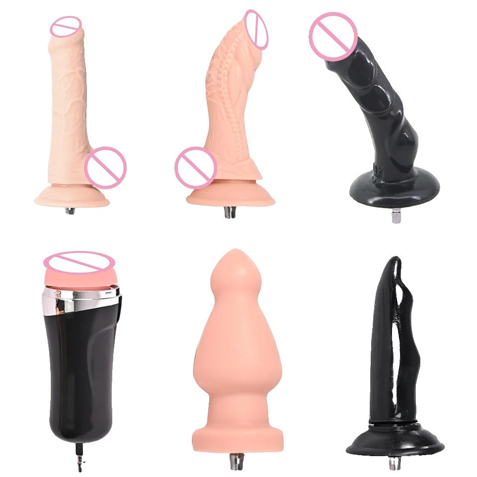 Seksmachine opzetstuk, VAC-U-Lock, grote zwarte en vleeskleurige dildo's.