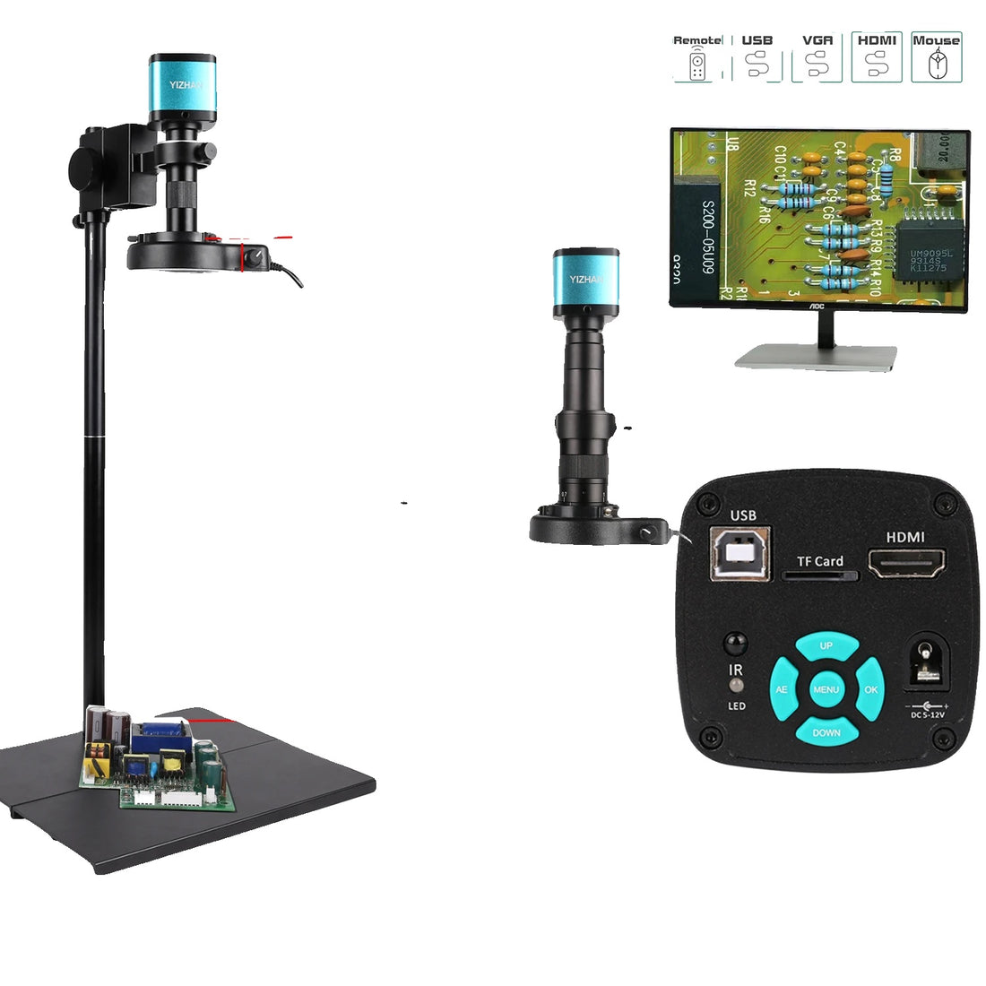 Industrielt Mikroskop Kamera, HDMI/USB/VGA Forbindelse, 1-150X/180X Zoom Område