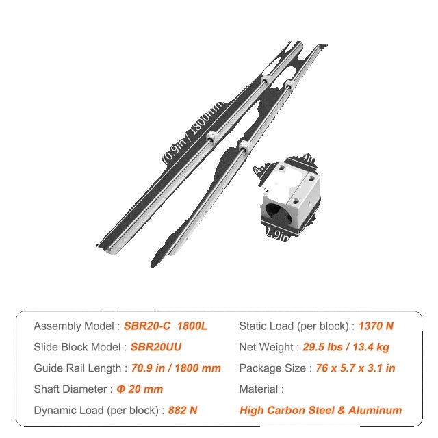 Lineaire Geleiderail Set, 1500/1800/2200 mm, SBR20 Geleiderails