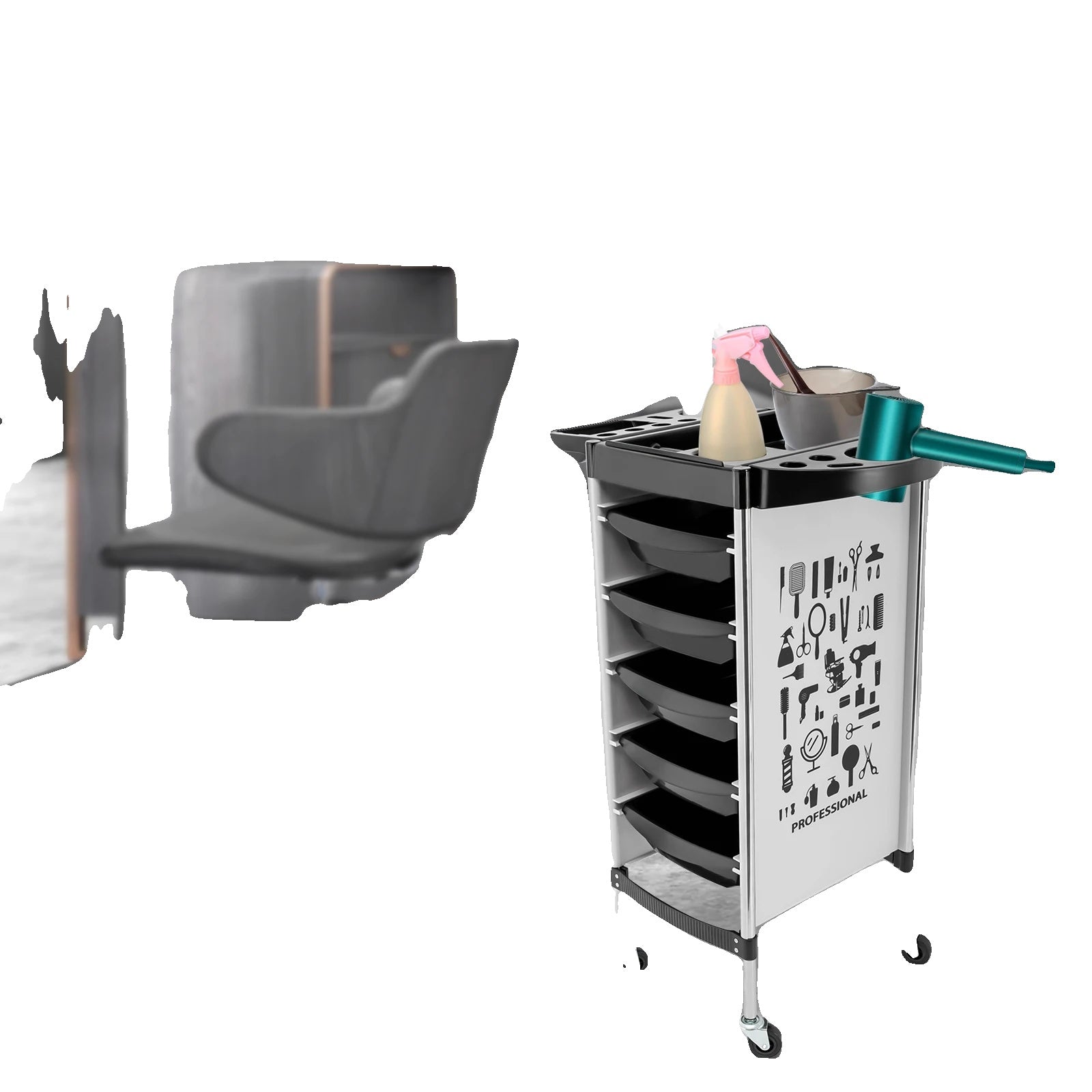 Salon Trolley, 5-pull-out Drawers, Foldable Tool Holders
