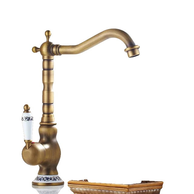 Basin Faucet, Antique Brass, Ceramic Handle