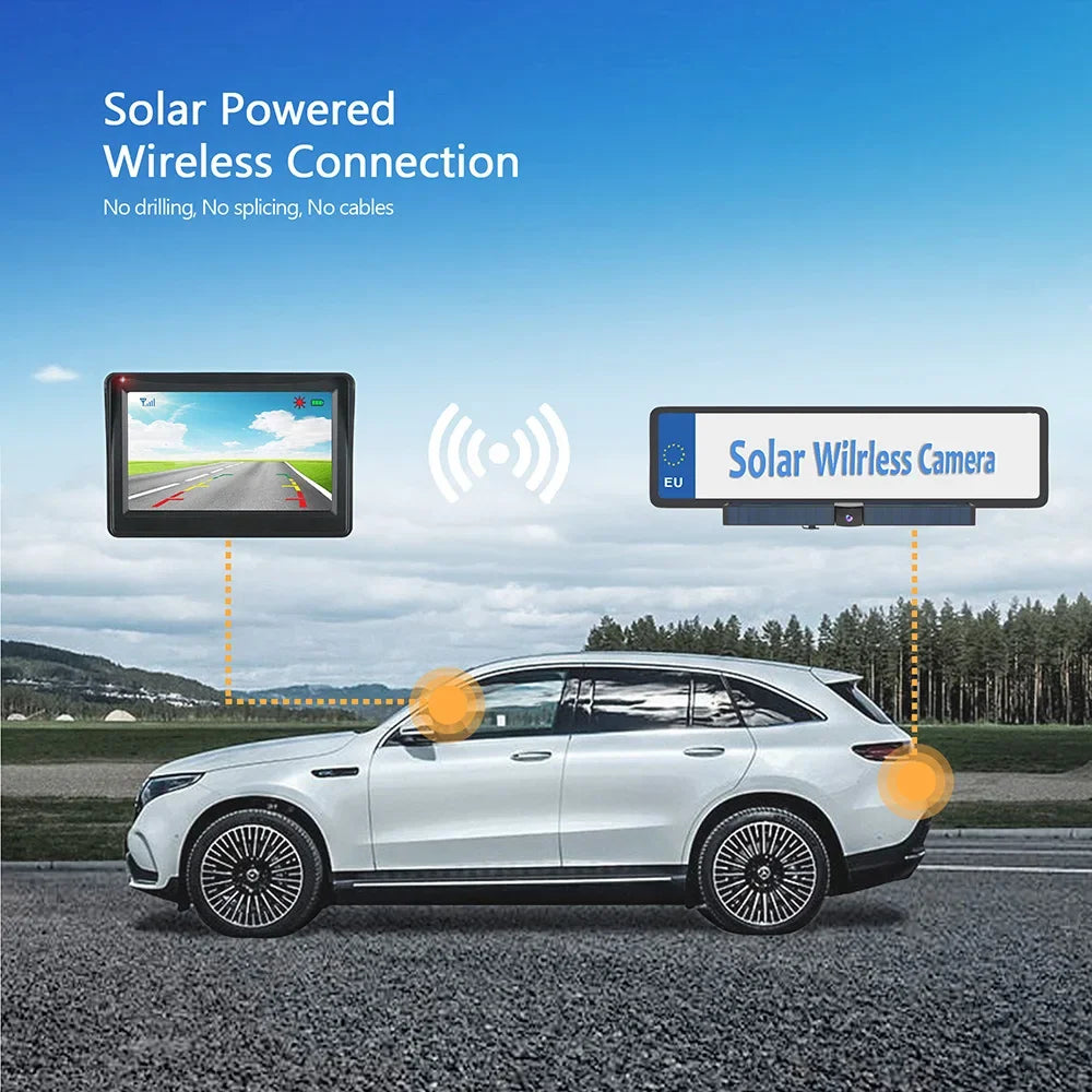 Camera wireless cu vedere inversă, alimentată de energie solară, rezoluție HD 1080P.