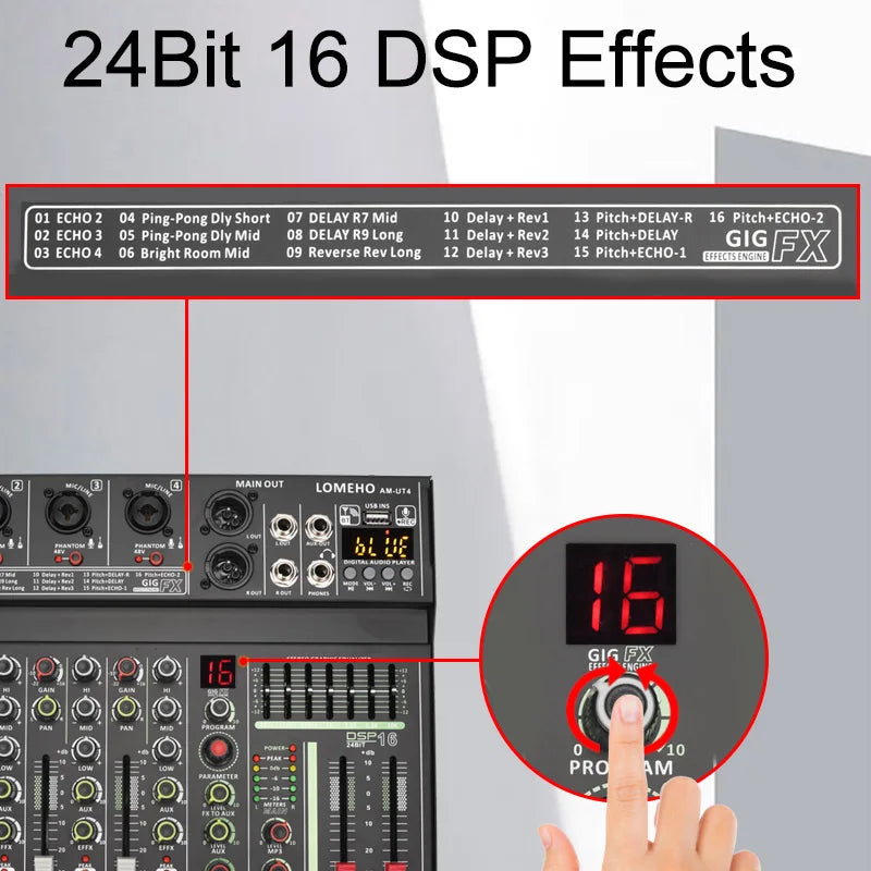 DJ-mixer, 4 kanaler, 16 DSP, 48V fantomforsyning