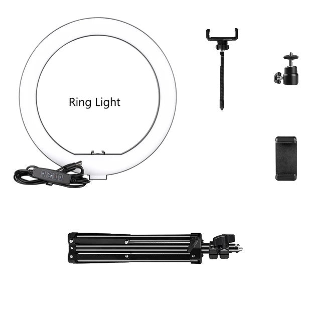 LED-ringlampa, 10-tums diameter, justerbart stativ