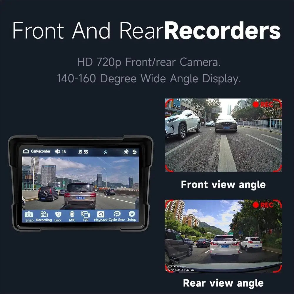Motorcykel Navigation GPS Navigator, Trådløs CarPlay, Dobbelt Kamera Optager