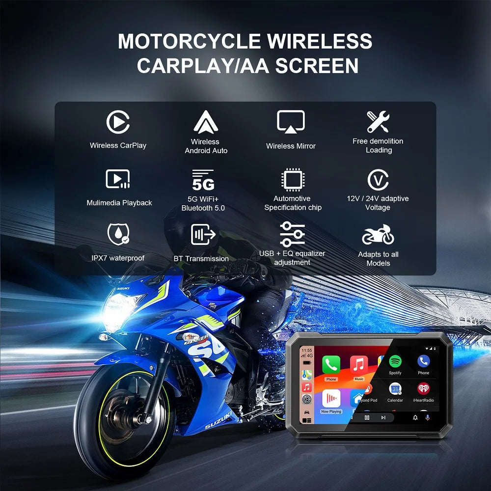 Navigator GPS pentru motociclete, Wireless Apple Carplay, Ecran rezistent la apă IPX7