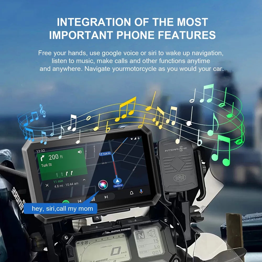 Moottoripyörän GPS-navigaattori, langaton Apple Carplay, vedenpitävä IPX7-näyttö