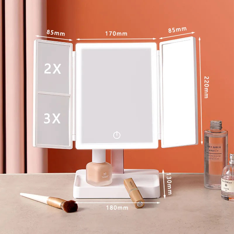 Makeup spejl, LED-lys, 3 foldbar