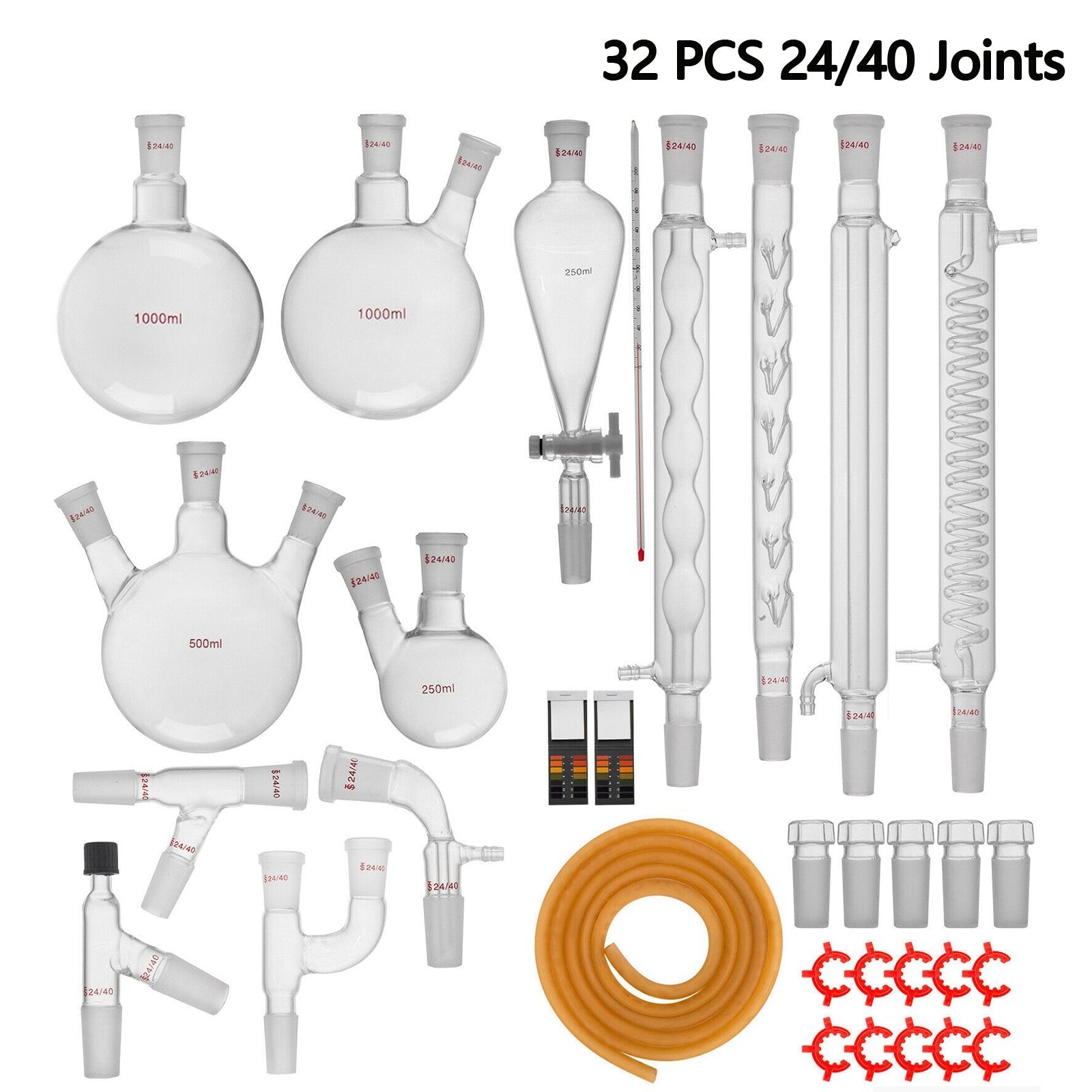 Set de ustensile de laborator din sticlă, cu îmbinări de 24/40, din sticlă borosilicată.