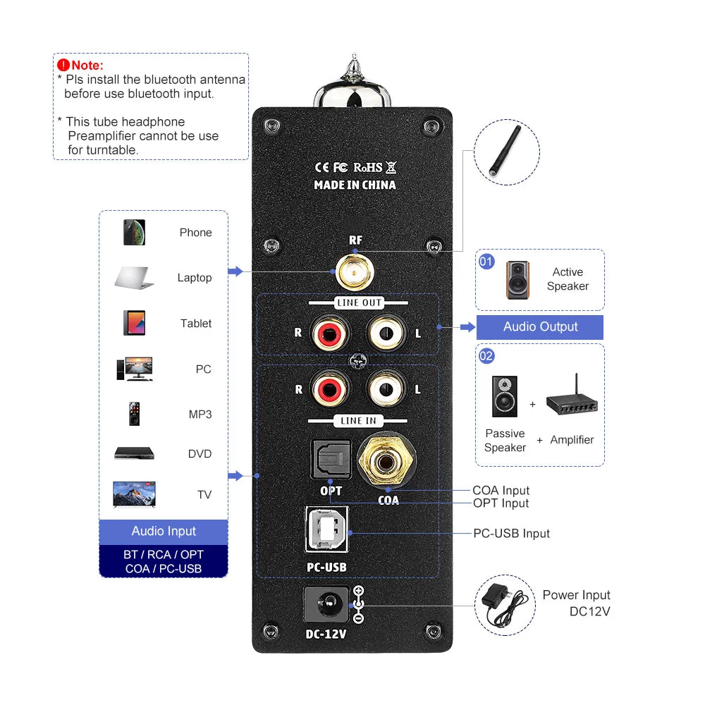 Preamp cu tub Bluetooth, design cu tub, conectivitate Bluetooth 50