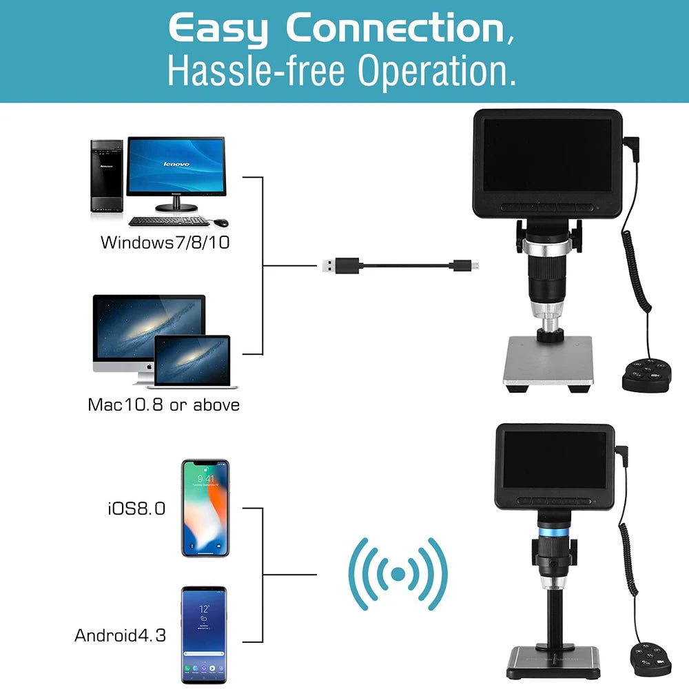 Wireless Digital Microscope, Adjustable Magnification, 5 Inch Screen