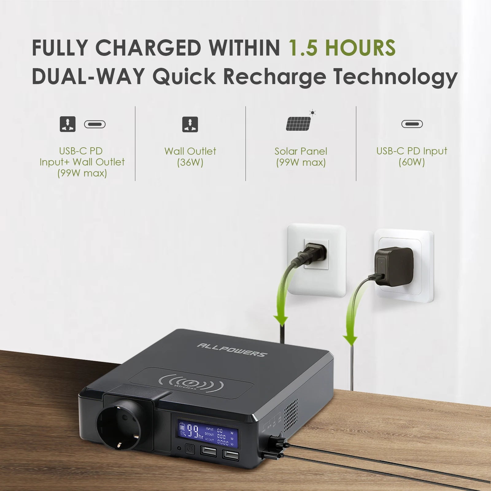 Zonne-energiebank, capaciteit 41600 mAh, krachtcentrale 200 W